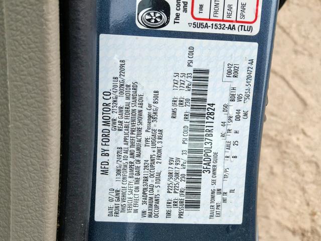 3FADP0L37BR112824 - 2011 FORD FUSION HYB BLUE photo 10