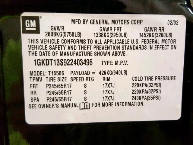 1GKDT13S922403496 - 2002 GMC ENVOY BLACK photo 10