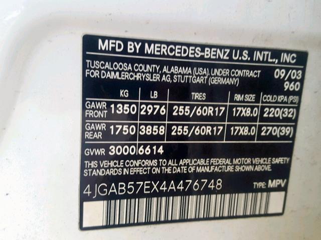 4JGAB57EX4A476748 - 2004 MERCEDES-BENZ ML 350 WHITE photo 10