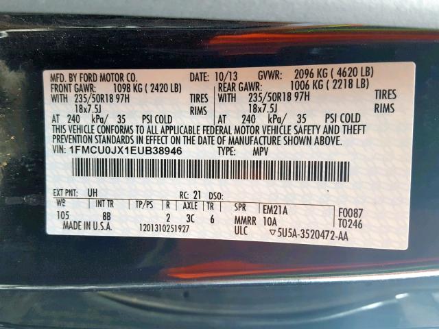 1FMCU0JX1EUB38946 - 2014 FORD ESCAPE TIT BLACK photo 10