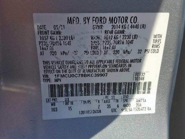 1FMCU0C78BKC39907 - 2011 FORD ESCAPE XLS SILVER photo 10