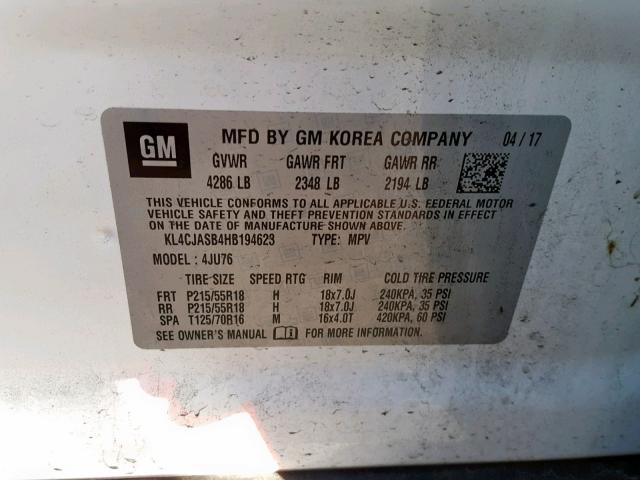 KL4CJASB4HB194623 - 2017 BUICK ENCORE PRE WHITE photo 10