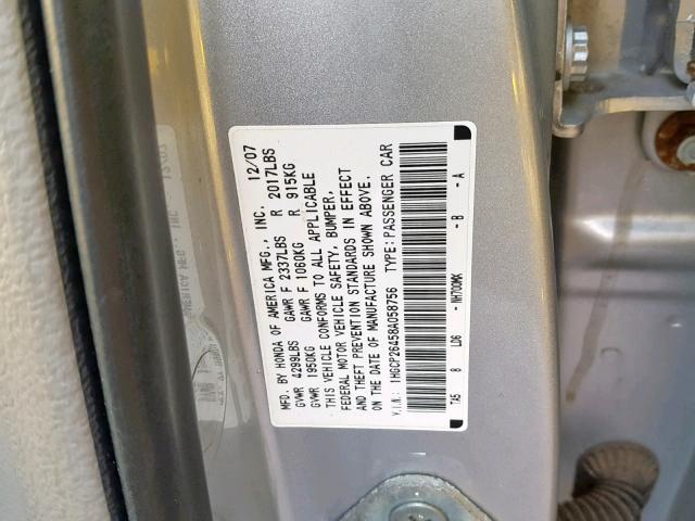 1HGCP26458A058756 - 2008 HONDA ACCORD LXP SILVER photo 10