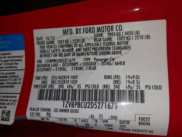1ZVBP8CU2D5271679 - 2013 FORD MUSTANG BO RED photo 10