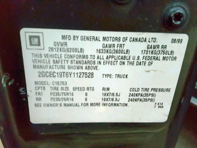 2GCEC19T6Y1127528 - 2000 CHEVROLET SILVERADO GRAY photo 10