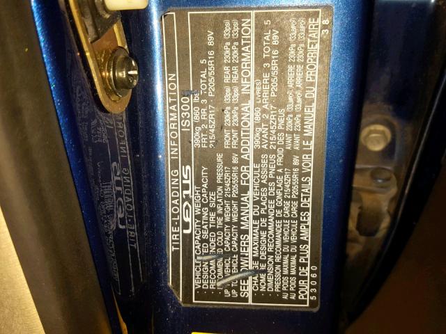 JTHBD192920043082 - 2002 LEXUS IS 300 BLUE photo 10