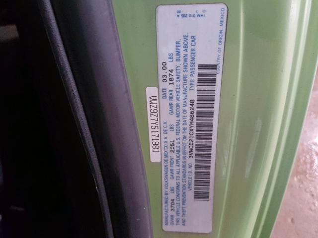 3VWCC21CXYM486248 - 2000 VOLKSWAGEN NEW BEETLE მწვანე ფოტო 10