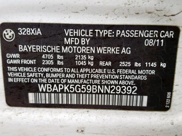 WBAPK5G59BNN29392 - 2011 BMW 328 XI SUL WHITE photo 10