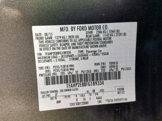 1FAHP2E88FG189334 - 2015 FORD TAURUS SEL CHARCOAL photo 10