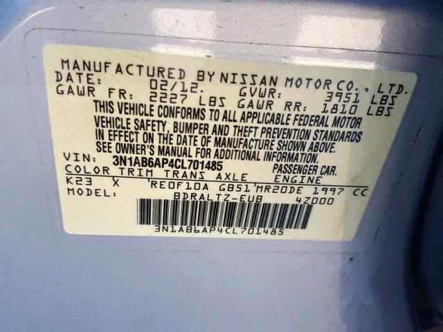 3N1AB6AP4CL701485 - 2012 NISSAN SENTRA 2.0 SILVER photo 10