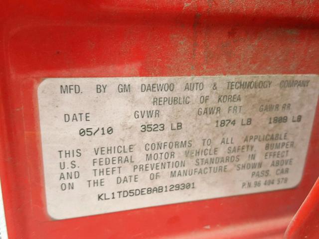 KL1TD5DE8AB129301 - 2010 CHEVROLET AVEO LS RED photo 10