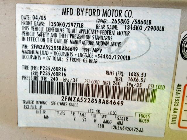 2FMZA52285BA84649 - 2005 FORD FREESTAR S SILVER photo 10