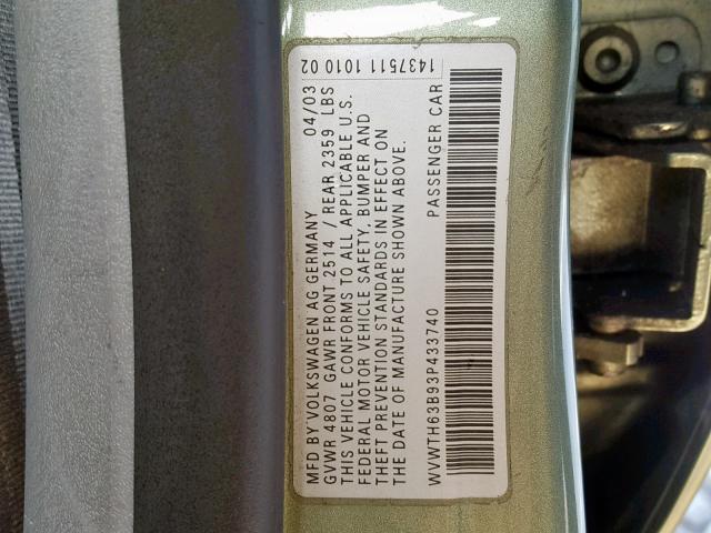 WVWTH63B93P433740 - 2003 VOLKSWAGEN PASSAT GLX 绿色 照片 10