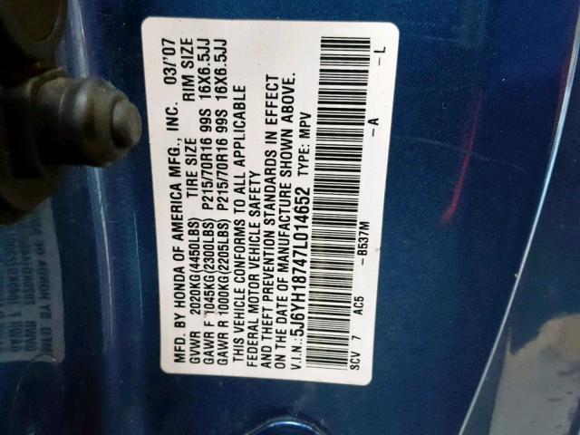 5J6YH18747L014652 - 2007 HONDA ELEMENT EX BLUE photo 10