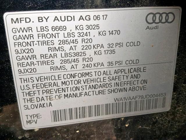 WA1VAAF79JD004453 - 2018 AUDI Q7 PRESTIG WHITE photo 10