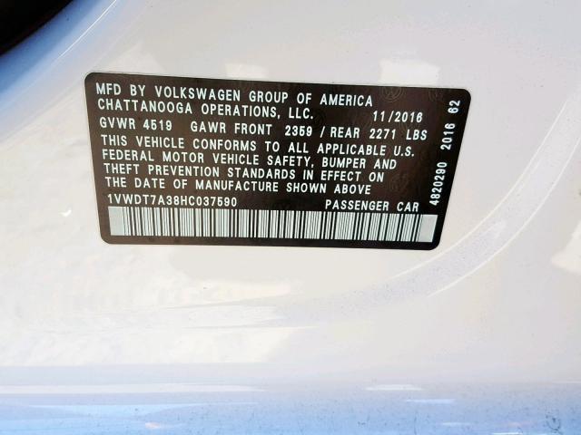 1VWDT7A38HC037590 - 2017 VOLKSWAGEN PASSAT R-L WHITE photo 10