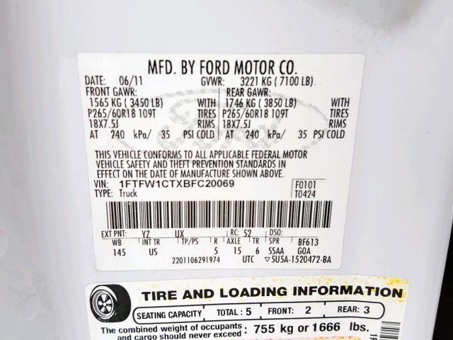 1FTFW1CTXBFC20069 - 2011 FORD F150 SUPER WHITE photo 10