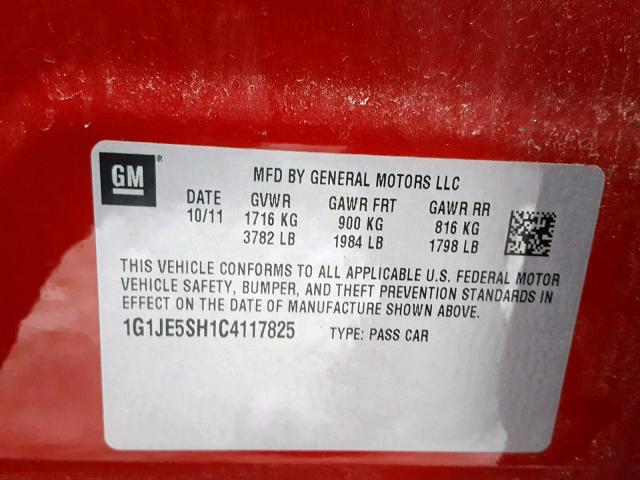 1G1JE5SH1C4117825 - 2012 CHEVROLET SONIC LTZ RED photo 10