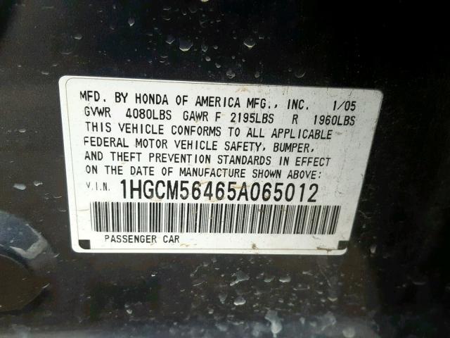 1HGCM56465A065012 - 2005 HONDA ACCORD LX GRAY photo 10