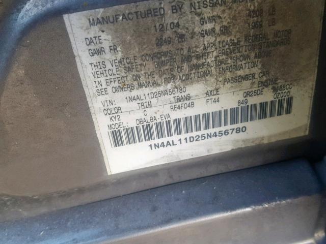 1N4AL11D25N456780 - 2005 NISSAN ALTIMA S GOLD photo 10