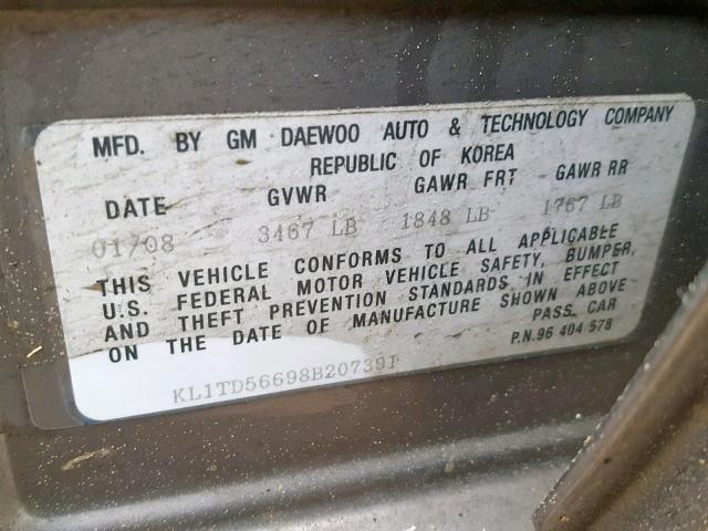 KL1TD56698B207391 - 2008 CHEVROLET AVEO BASE ნაცრისფერი ფოტო 10