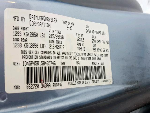 1D4GP45R15B435746 - 2005 DODGE CARAVAN SX BLUE photo 10