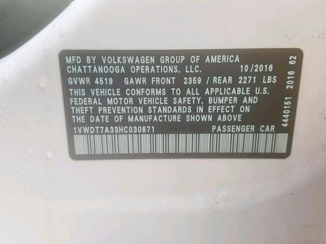 1VWDT7A33HC030871 - 2017 VOLKSWAGEN PASSAT R-L WHITE photo 10