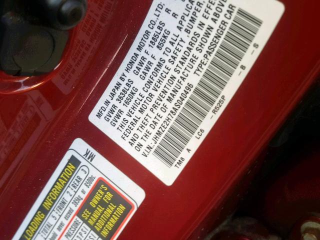 JHMZE2H78AS040496 - 2010 HONDA INSIGHT EX RED photo 10