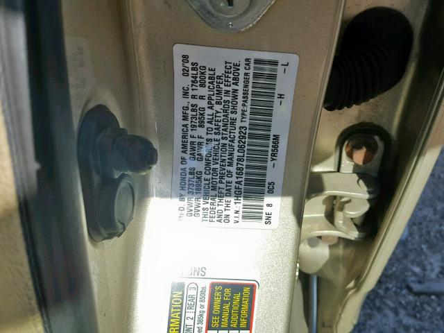 1HGFA16878L062923 - 2008 HONDA CIVIC EX GOLD photo 10