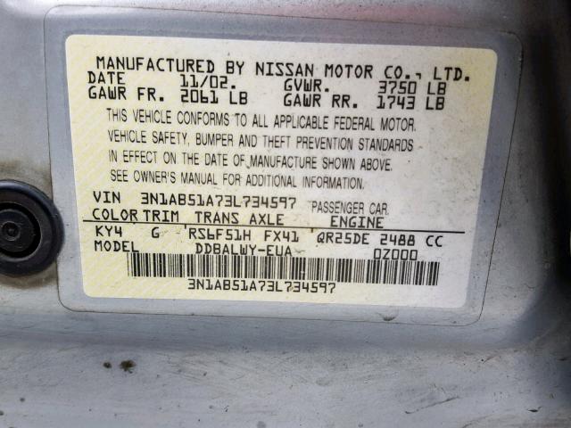 3N1AB51A73L734597 - 2003 NISSAN SENTRA SE- SILVER photo 10