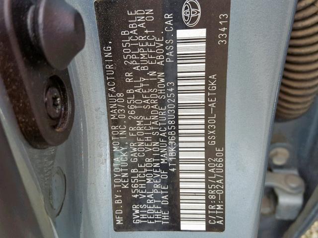 4T1BK36B58U302543 - 2008 TOYOTA AVALON XL BLUE photo 10