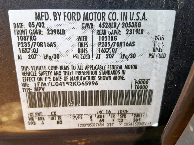 1FMYU04152KD65996 - 2002 FORD ESCAPE XLT GRAY photo 10