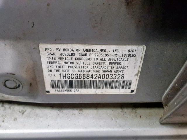 1HGCG66842A003328 - 2002 HONDA ACCORD EX SILVER photo 10