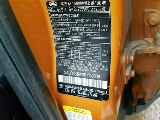 SALFS24NX8H040338 - 2008 LAND ROVER LR2 SE TEC ORANGE photo 10