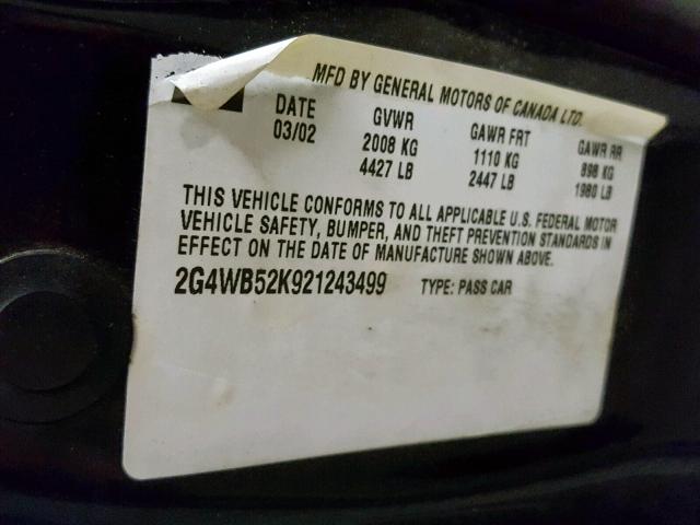 2G4WB52K921243499 - 2002 BUICK REGAL LS BLACK photo 10