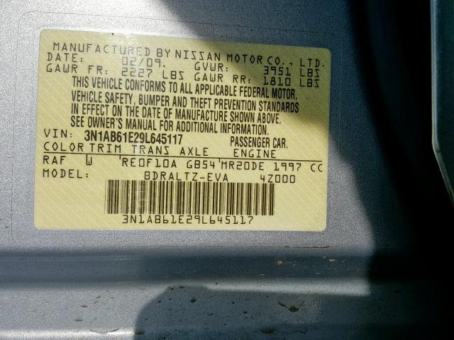 3N1AB61E29L645117 - 2009 NISSAN SENTRA 2.0 BLUE photo 10