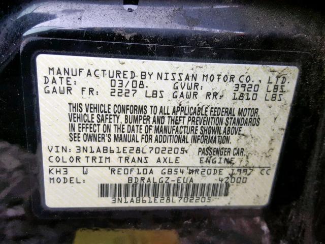 3N1AB61E28L702205 - 2008 NISSAN SENTRA 2.0 BLACK photo 10