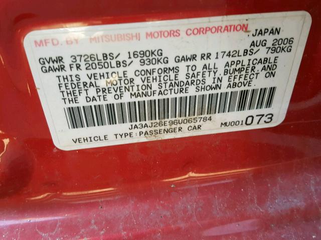 JA3AJ26E96U065784 - 2006 MITSUBISHI LANCER ES RED photo 10