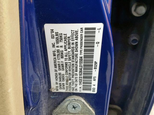 1HGES16364L015504 - 2004 HONDA CIVIC DX V BLUE photo 10