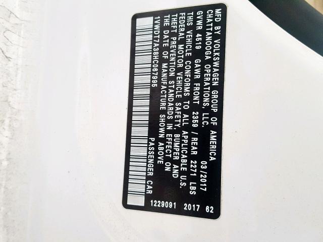 1VWDT7A38HC067995 - 2017 VOLKSWAGEN PASSAT R-L 白色 照片 10