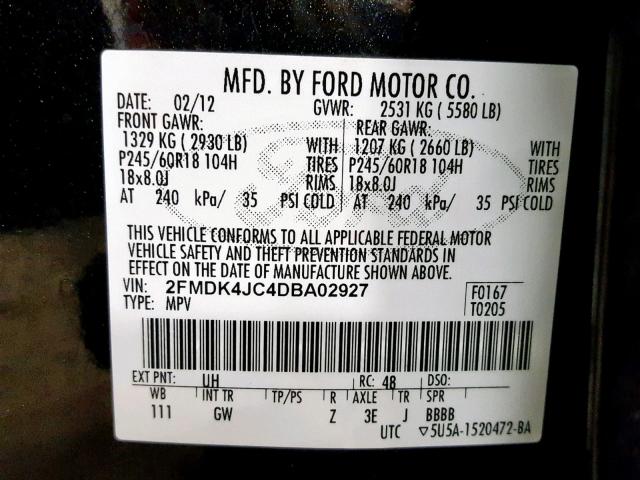 2FMDK4JC4DBA02927 - 2013 FORD EDGE SEL BLACK photo 10