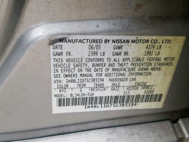 1N4BL11D75C383194 - 2005 NISSAN ALTIMA SE SILVER photo 10