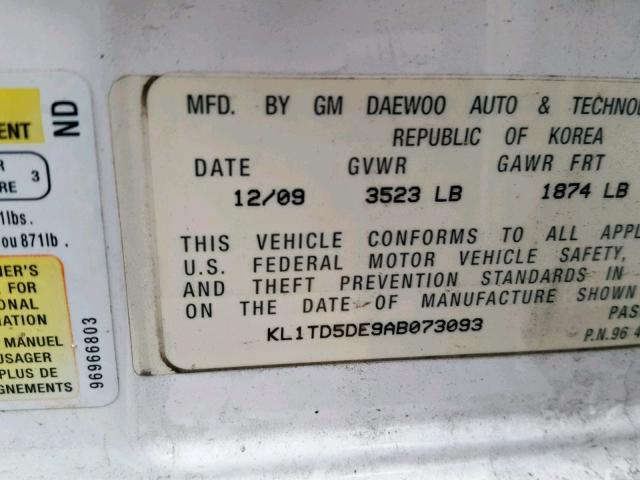 KL1TD5DE9AB073093 - 2010 CHEVROLET AVEO LS WHITE photo 10