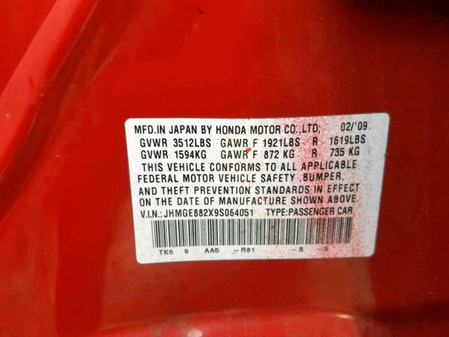 JHMGE882X9S064051 - 2009 HONDA FIT RED photo 10