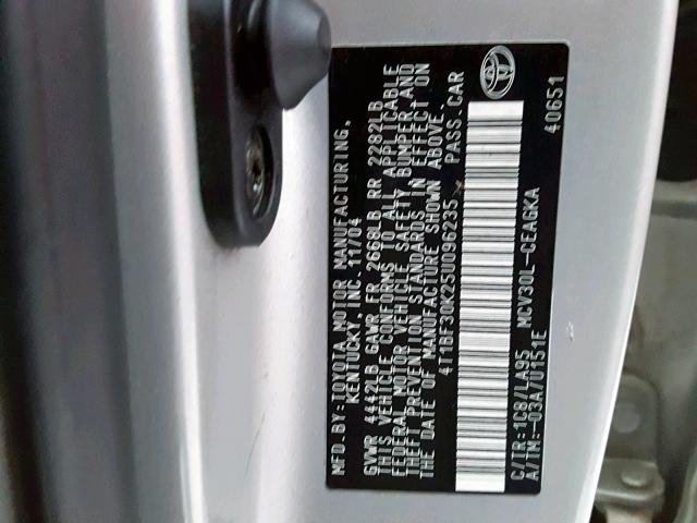 4T1BF30K25U096235 - 2005 TOYOTA CAMRY LE SILVER photo 10