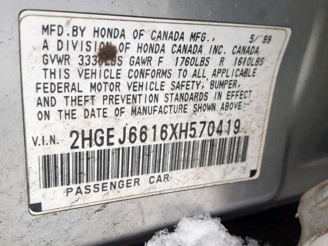 2HGEJ6616XH570419 - 1999 HONDA CIVIC BASE Gümüş foto 10
