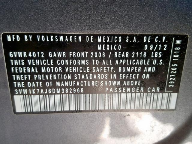 3VW1K7AJ6DM382968 - 2013 VOLKSWAGEN JETTA BASE Մոխրագույն լուսանկար 10