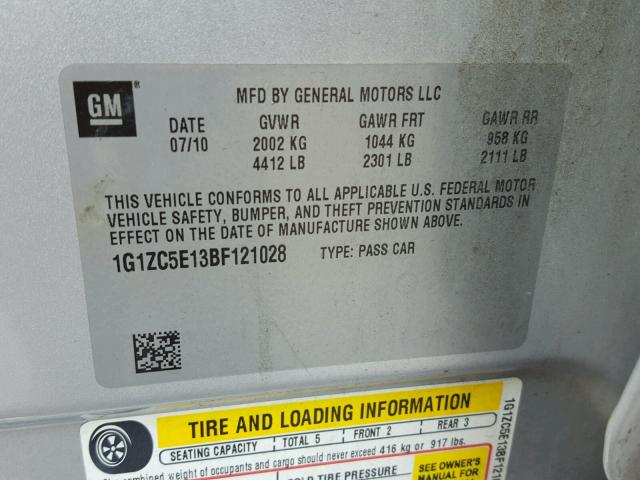 1G1ZC5E13BF121028 - 2011 CHEVROLET MALIBU 1LT SILVER photo 10