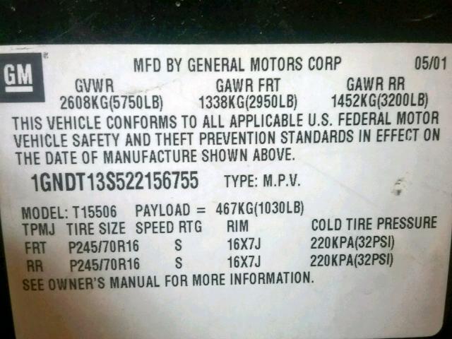 1GNDT13S522156755 - 2002 CHEVROLET TRAILBLAZE BLACK photo 10