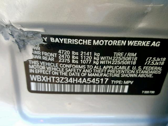 WBXHT3Z34H4A54517 - 2017 BMW X1 XDRIVE2 SILVER photo 10